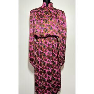 VTG Michel Goma Saks Vibrant Pink Floral Silk Long Slv Dress France 42 US M/L